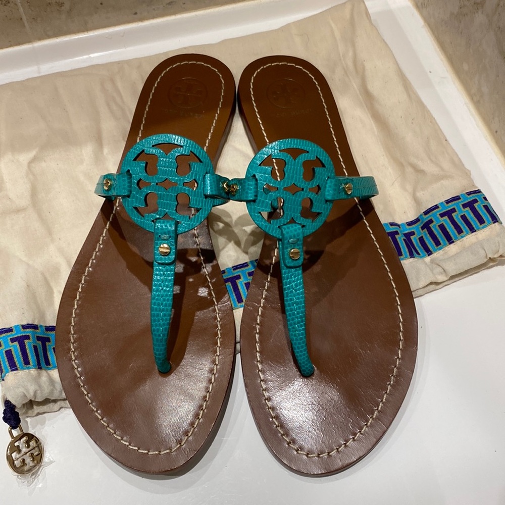 Tory Burch mini miller sandals, teal with brown bottoms, great condition